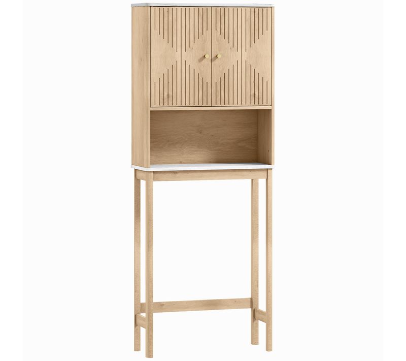 Meuble Wc Dessus De Toilette Style Bois Naturel Effet Marbre Blanc 2 Portes étagère Niche