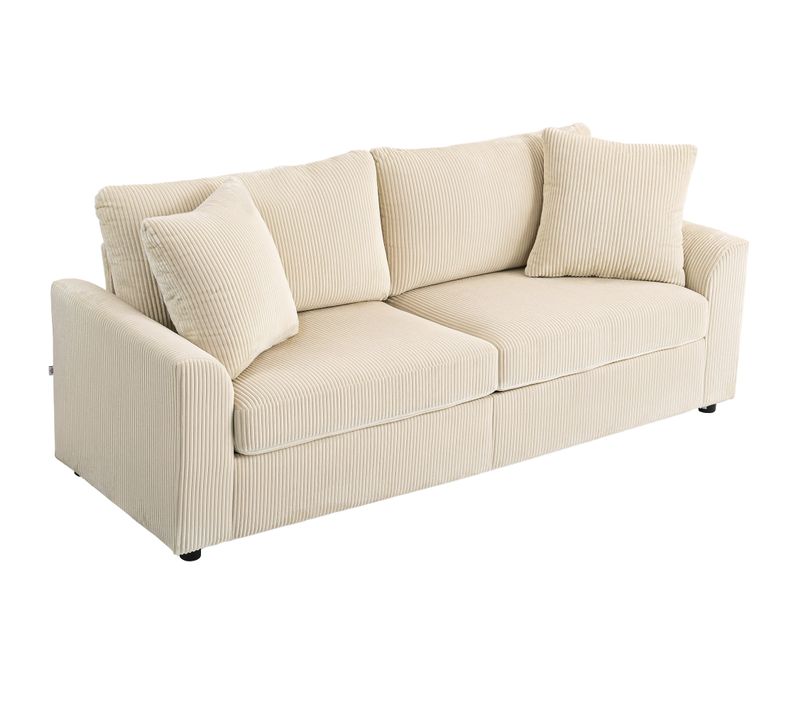 Canapé 3 Places Velours Côtelé Avec 2 Coussins Beige