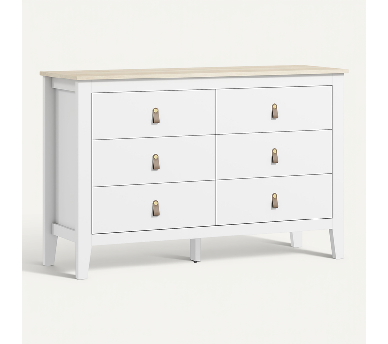 Commode 6 Tiroirs Sur Pieds Poignées Pu Métal Doré Blanc Effet Bois Clair