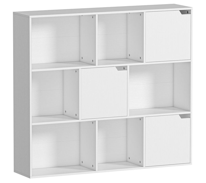 Etagère Bibliothèque Cubique - Rangement Cube 3 Portes 6 Niches - Blanc