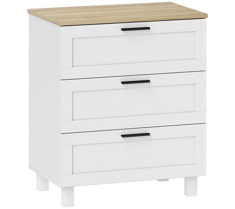 Commode 3 Tiroirs Sur Pieds Poignées Métal Noir Effet Bois Clair Blanc