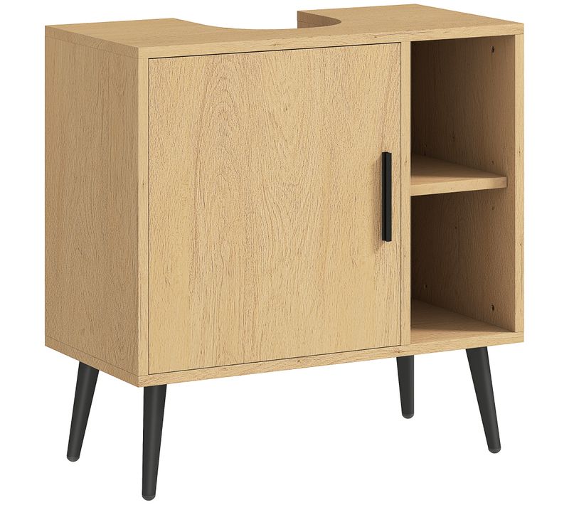 Meuble Sous Vasque Style Nordique Porte 2 Niches Métal Noir Effet Bois