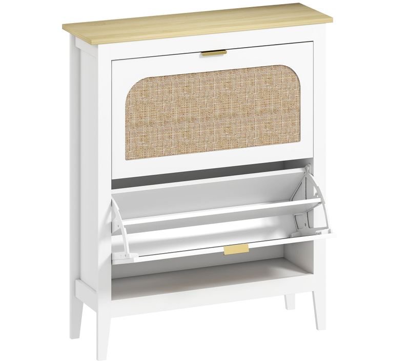 Meuble à Chaussures Style Bohème Chic 2 Portes Rotin Effet Bois Clair Blanc