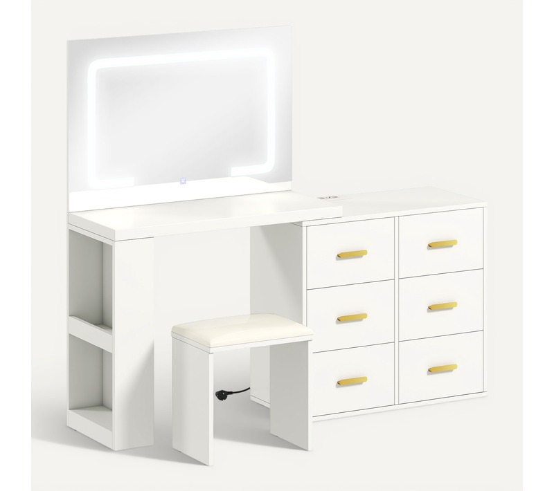 Ensemble Coiffeuse Miroir LED Tabouret Rangements Modulable Alu Doré Blanc
