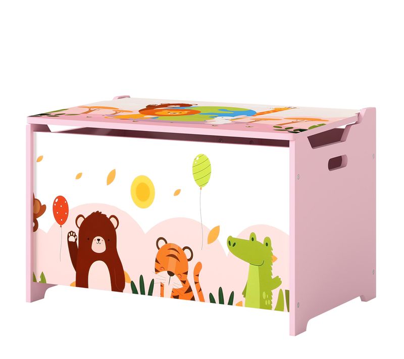Coffre à Jouets Animaux En Bois - Rangement Enfant - Blanc Rose