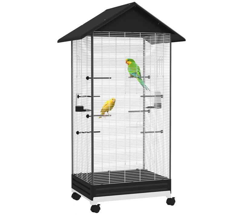 Cage Oiseau Sur Roulettes - Grande Volière - Nombreux Accessoires - Blanc Noir