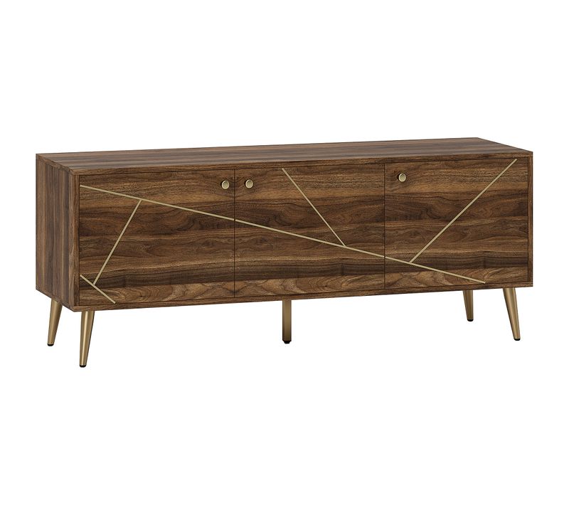 Meuble TV Design 3 Portes Acier Poignées Boutons Lignes Dorées Effet Bois