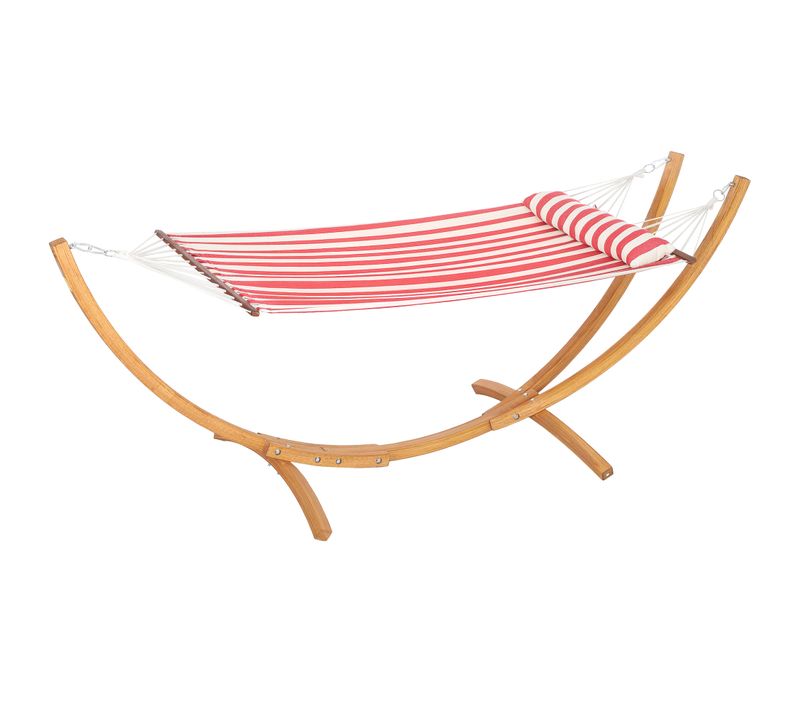 Hamac Sur Pied En Bois - 1 Place - Toile Coton Rouge Blanc Rayée