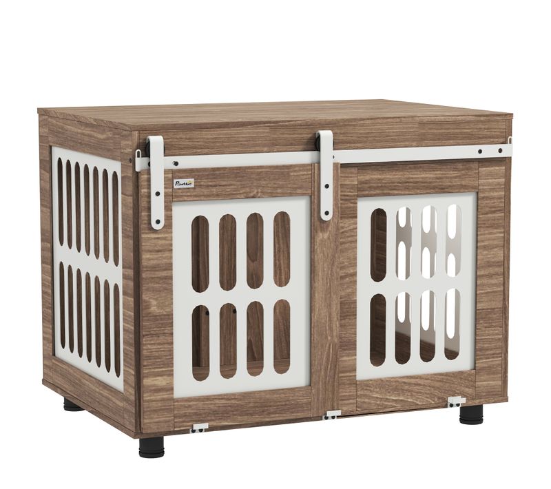 Cage Pour Chien En Bois Effet Noyer Porte Coulissante Verrouillable