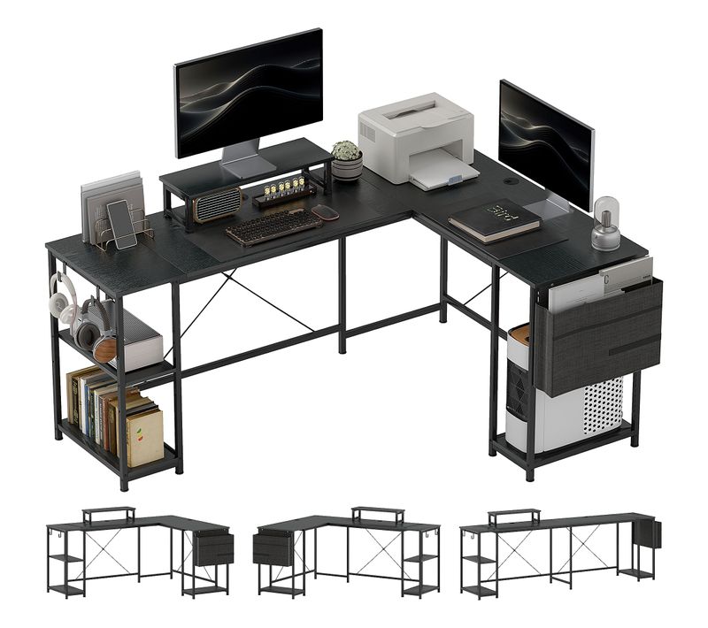 Bureau D'angle Modulable Style Industriel Acier Noir Effet Bois Naturel
