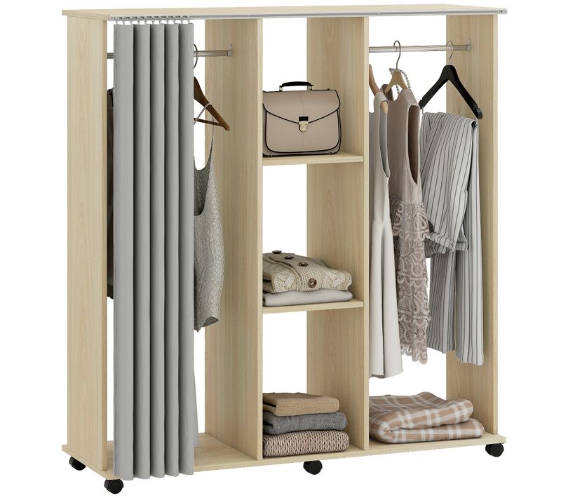 Armoire Penderie Mobile Sur Roulettes 2 Tringles 2 étagères Rideau