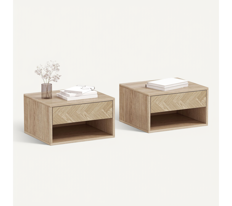 Lot De 2 Chevets Suspendus Tiroir Niche Effet Bois Naturel