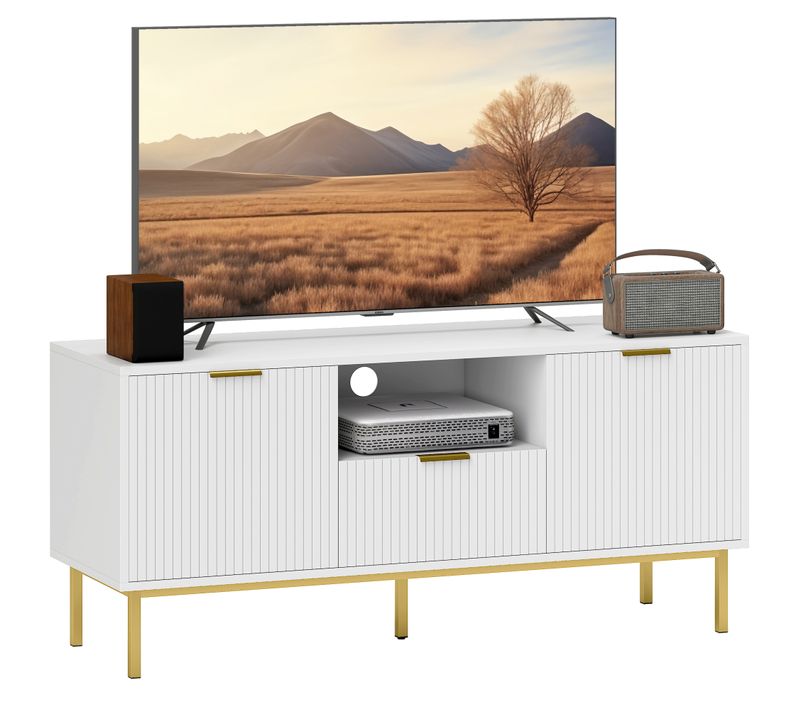 Meuble TV Design Doré Blanc 2 Portes Tiroir Niche