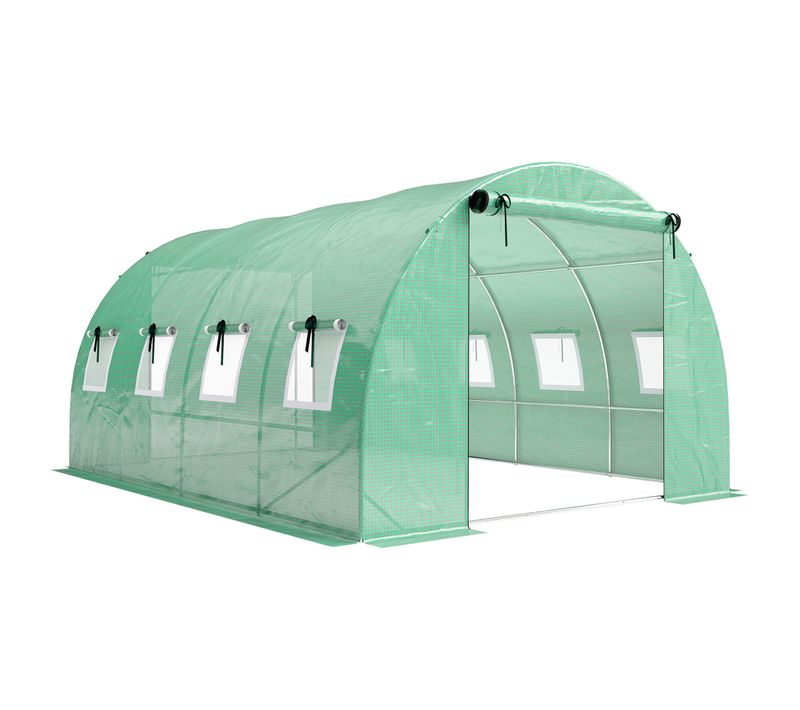 Serre Tunnel De Jardin 12m² 2 Portes 8 Fenêtres Bâche Pe 140 G/m² Vert