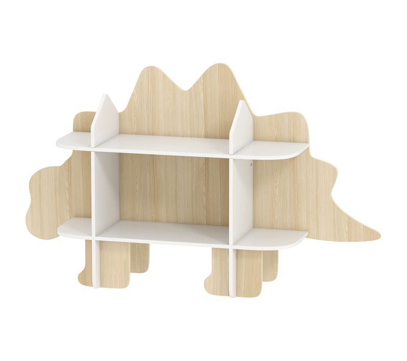 Bibliothèque Enfant Design Dinosaure Stégosaure 6 Compartiments Blanc Effet Bois Clair