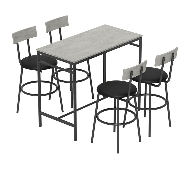 Ensemble Table De Bar 4 Tabourets Design Béton Ciré Gris Noir