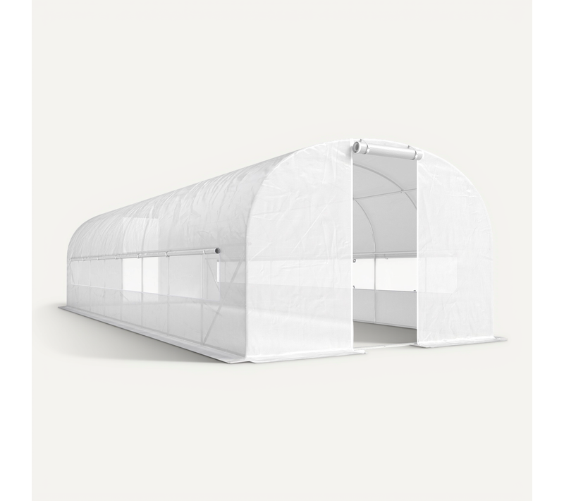 Serre Tunnel De Jardin 24m² 2 Grandes Fenêtres Bâche Pe 140 G/m² Blanc