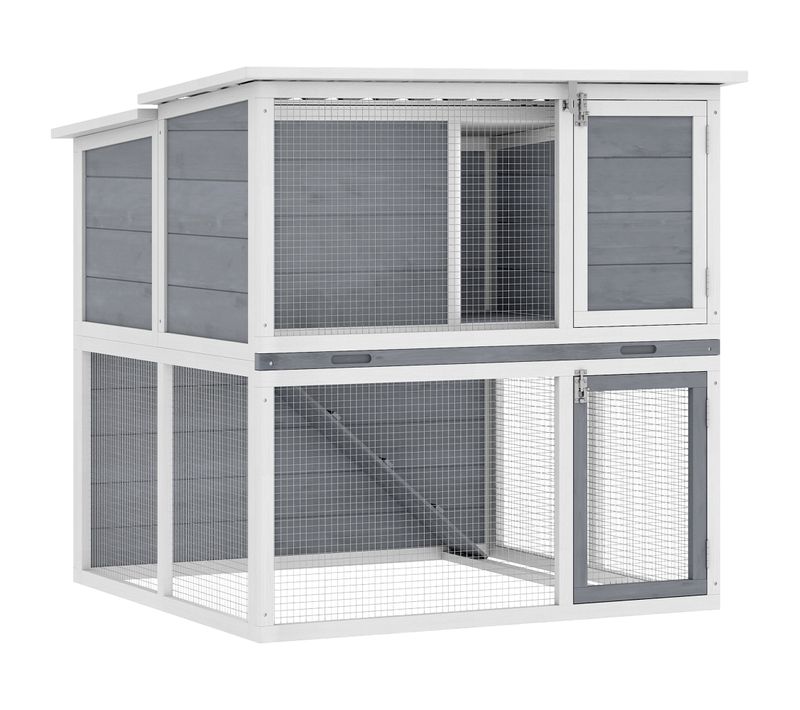 Clapier Lapin Extérieur 2 Étages Toit Double Ouverture Bois Gris