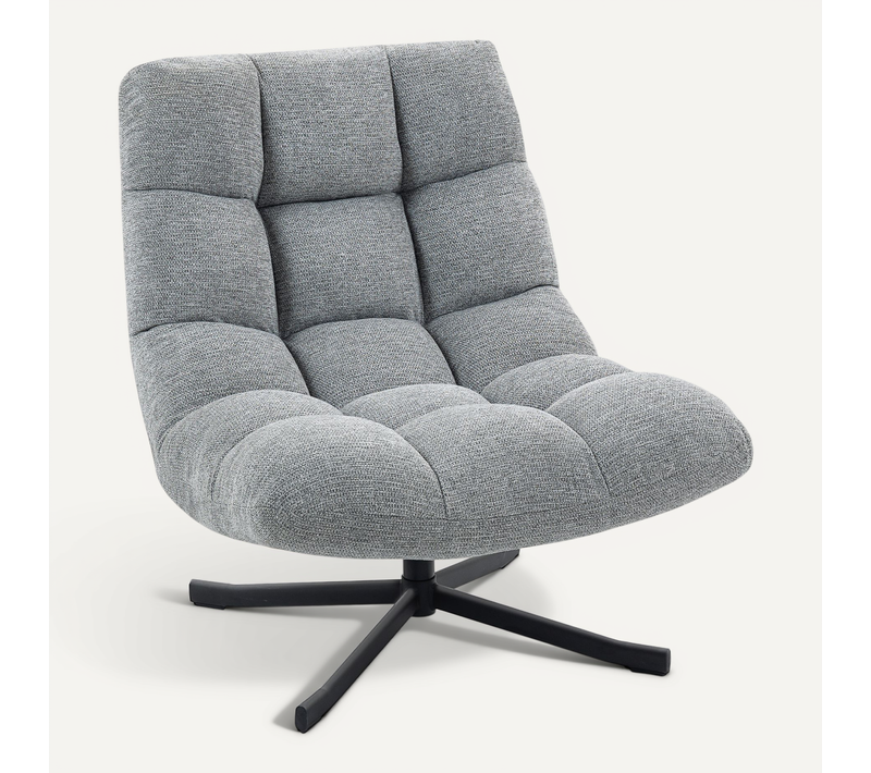 Fauteuil Lounge Style Chesterfield Pivotant Acier Croisé Noir Tissu Chenille Gris