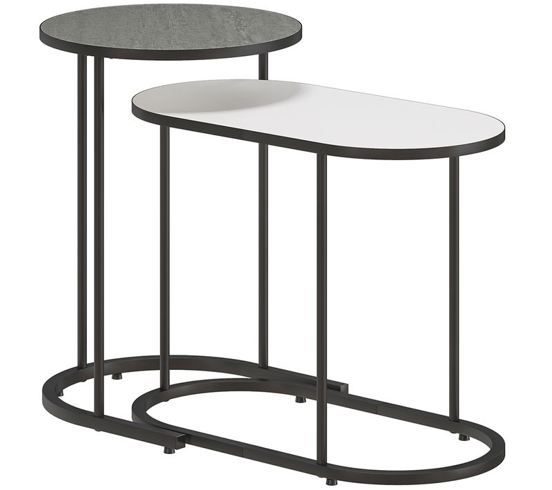 Lot De 2 Tables Basses Gigognes Design Arrondi Bicolore Effet Béton Ciré Gris Blanc