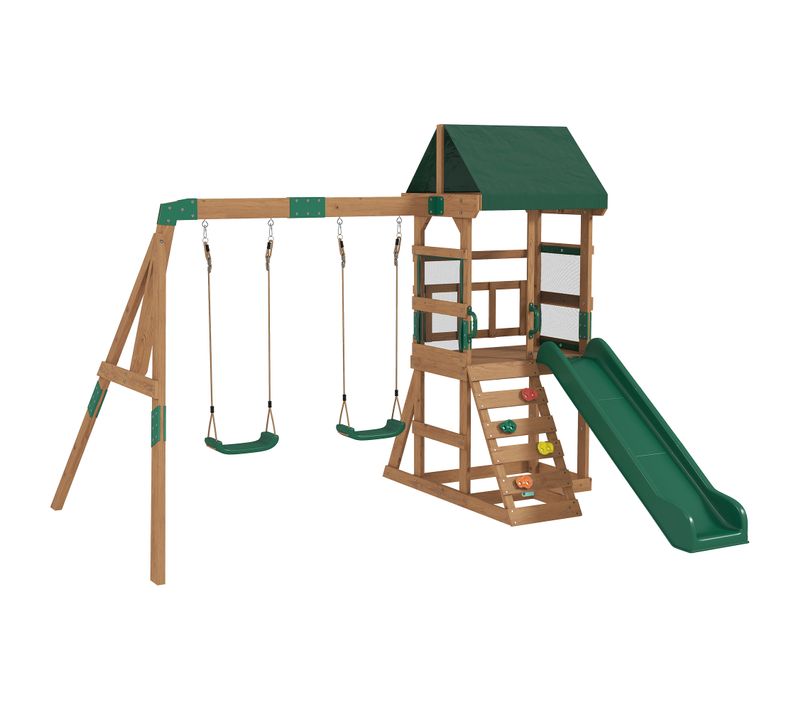 Aire De Jeux Bois 3,15 M Toboggan 2 Balançoires Mur D'escalade