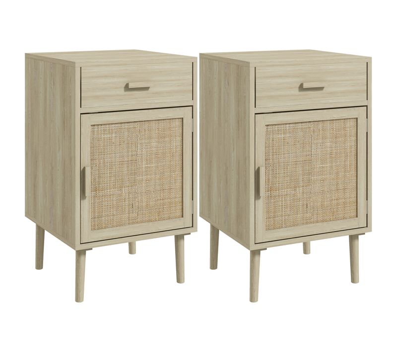 Lot De 2 Chevets Style Cosy Cannage Rotin Effet Bois Clair
