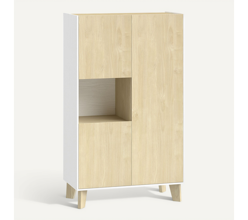 Buffet Salon Bicolore Effet Bois Clair Blanc 3 Portes 2 étagères Niche