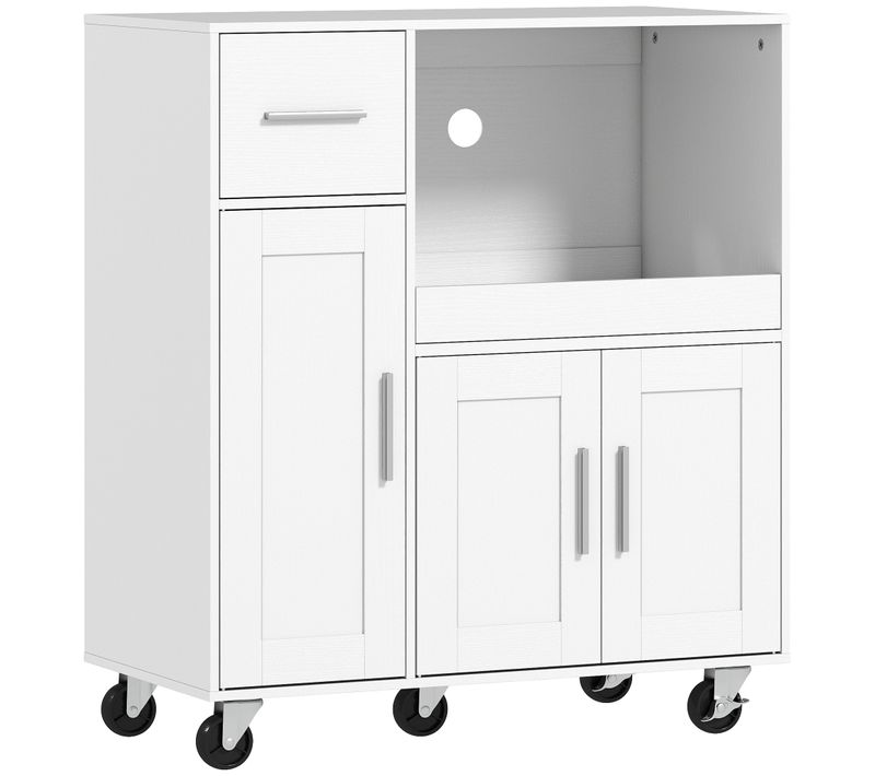 Desserte Cuisine Mobile - Plateau Extensible, 3 Portes, Tiroir, étagère - Blanc