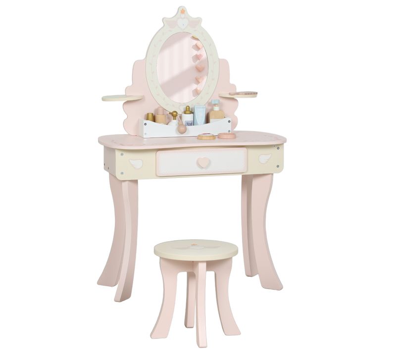 Coiffeuse Enfant En Bois Avec Tabouret Et Miroir - 7 Accessoires Inclus - Rose Blanc Écru