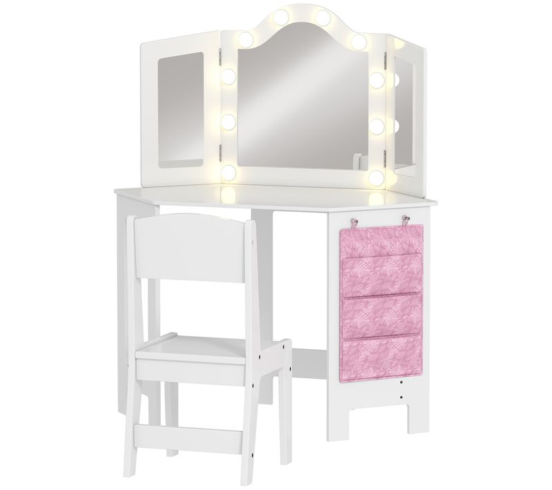 Ensemble Coiffeuse Enfant Tabouret Miroir Holywood Pochette Rangement Rose Blanc