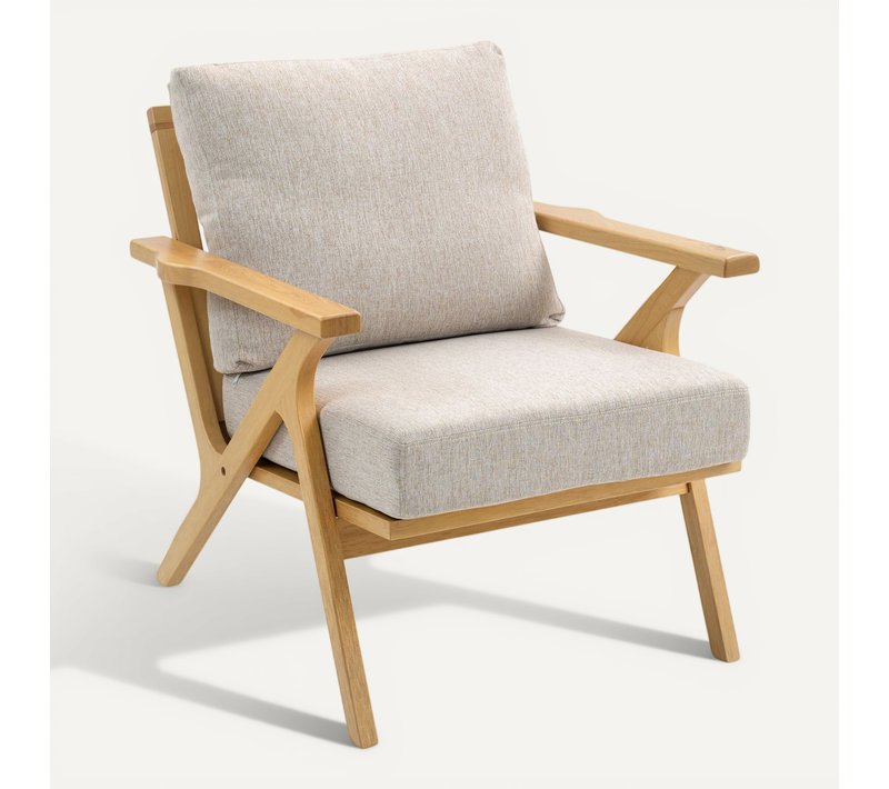 Fauteuil Lounge Style Nordique Bois Hévéa Verni Tissu Toucher Lin Beige