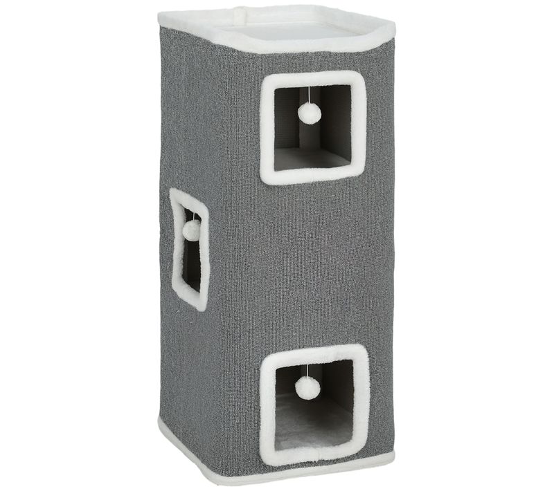 Tour Pour Chat H.100cm 4 Niveaux 3 Boules Plateforme D'observation Gris Blanc