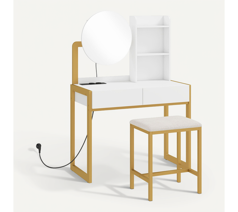 Coiffeuse Avec Miroir Et Tabouret Station De Charge Métal Blanc