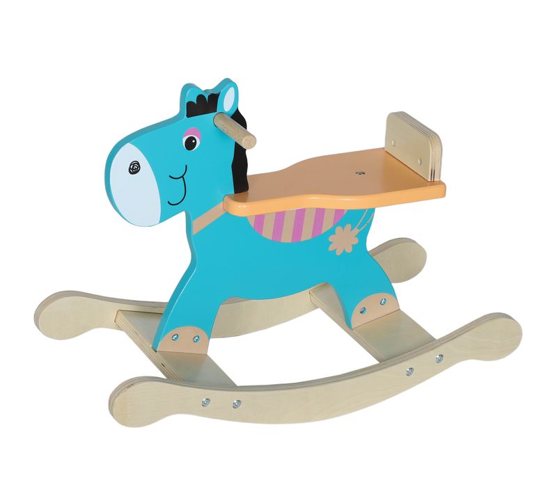 Cheval à Bascule En Bois Modèle Âne Poignées Dossier Bois Bleu