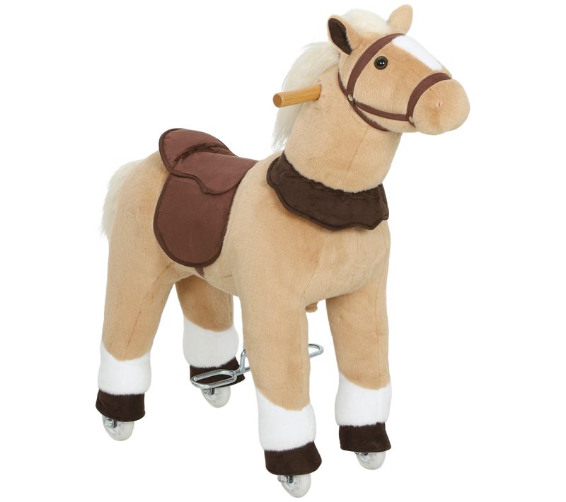 Cheval Debout Sur Roulettes En Peluche Selle étrier Poignées Beige Marron Blanc