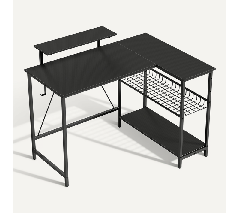 Bureau Gaming D'angle Réversible Multi-rangement Texture Fibre Carbone Noir