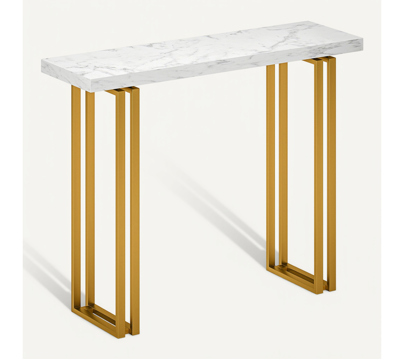 Console Design Art Déco Acier Doré Effet Marbre Blanc