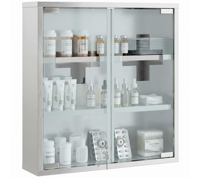 Armoire À Pharmacie Murale Verrouillable Acier Inox 2 Portes Verre