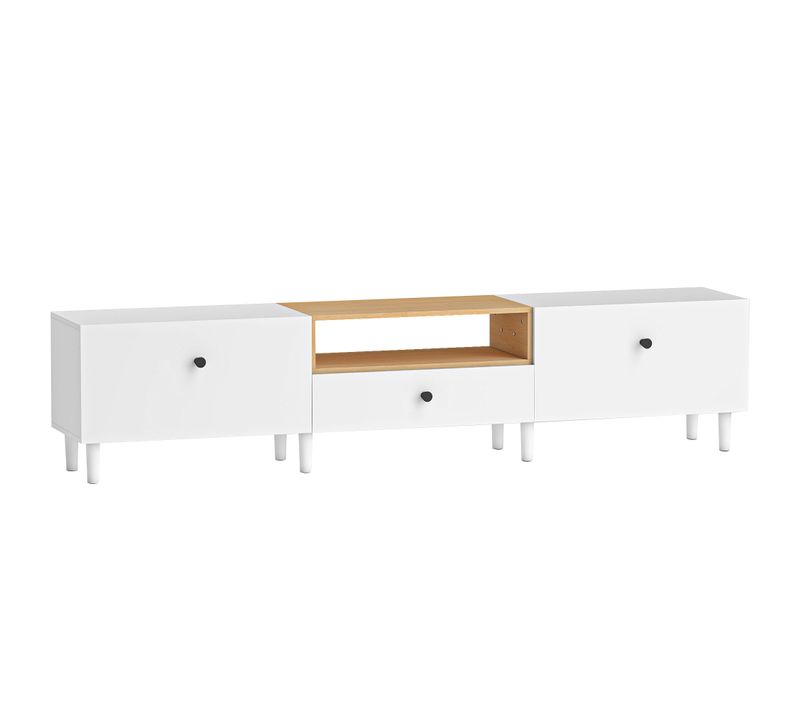 Meuble TV 200 Cm Design Bicolore Sur Pied 2 Portes Tiroir Niche Effet Bois Clair Blanc