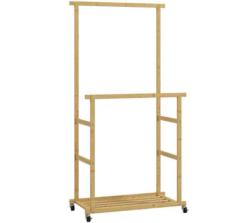 Portant Bois Bambou Naturel Verni - Penderie Mobile Double Barre Et étagère