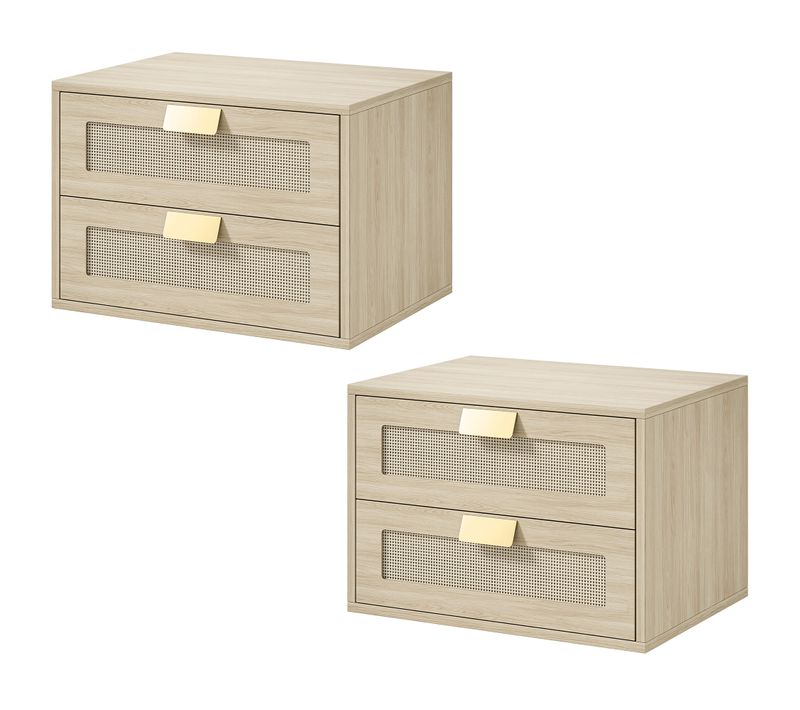 Lot De 2 Chevets Suspendus Style Bohème Chic Rotin Effet Bois