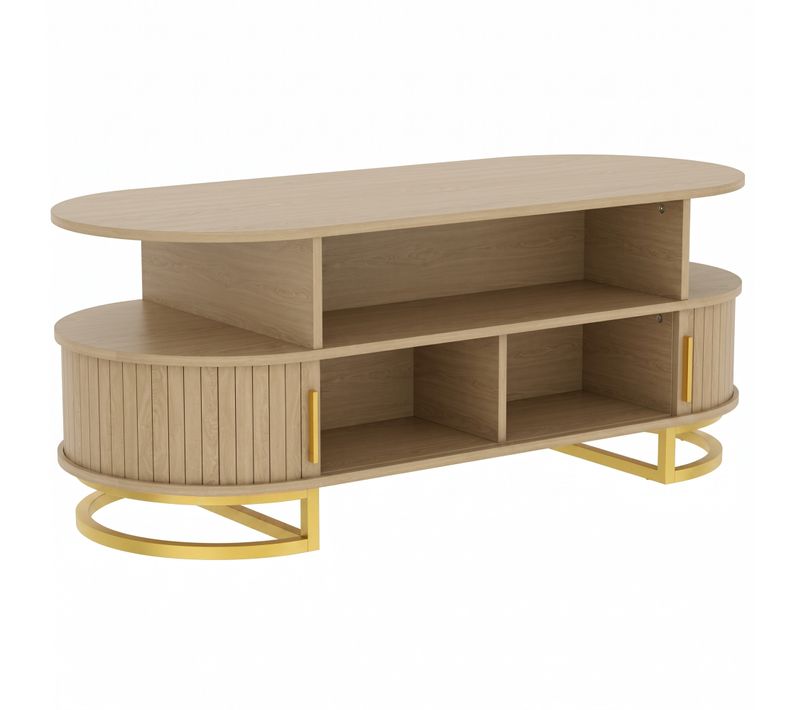 Table Basse Design Ovale Effet Bois Clair Métal Doré 2 Portes Coulissantes