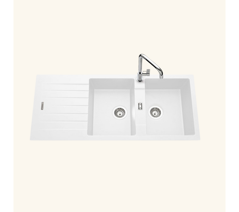 Évier Granit Blanc Albey 2 Bacs 1 Égouttoir