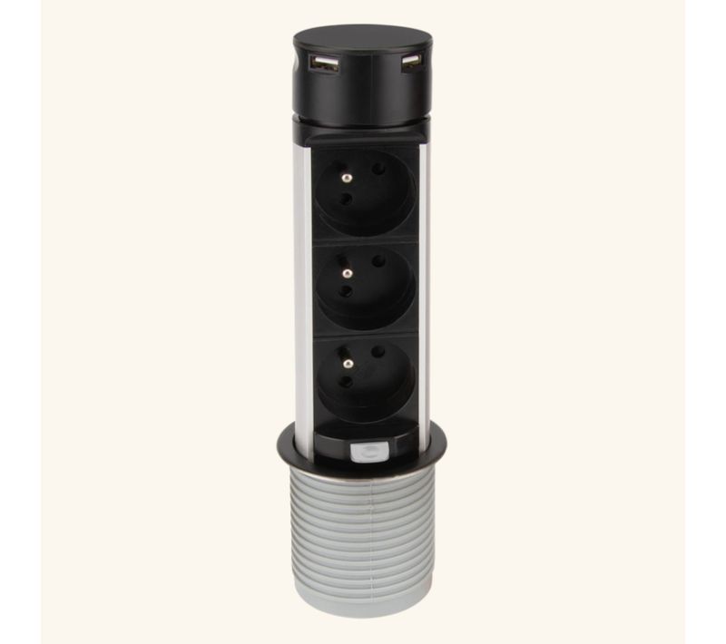 Prise Plan De Travail Sky - Bloc 3 Prises + 2 USB-a Rétractable Noir