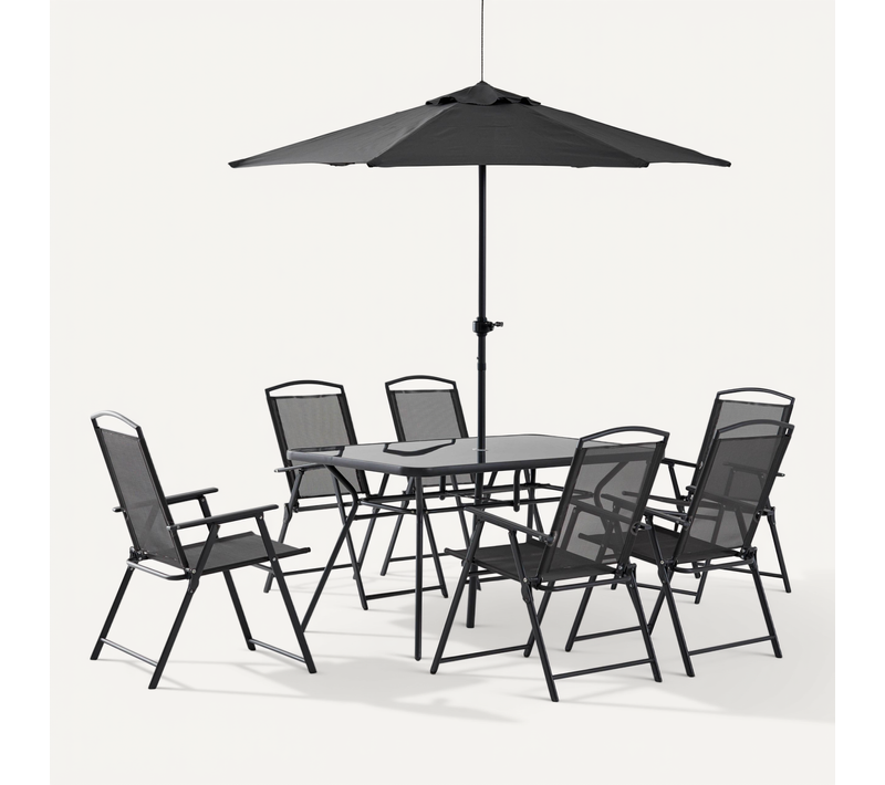 Salon De Jardin 6 Places ensemble table + 6 chaises + Parasol - Gris