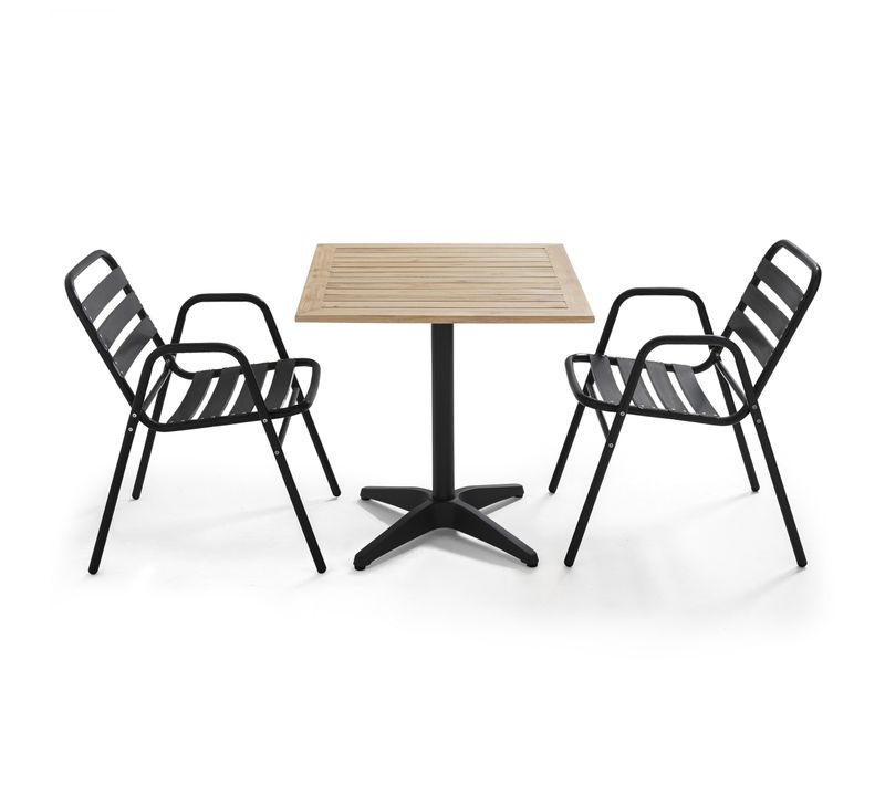 Ensemble Table De Jardin En Bois Et 2 Fauteuils En Aluminium Gris