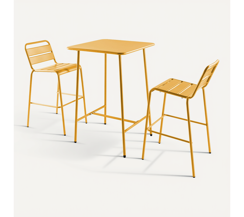 Ensemble Table De Bar Et 2 Chaises Hautes En Métal Jaune Palavas