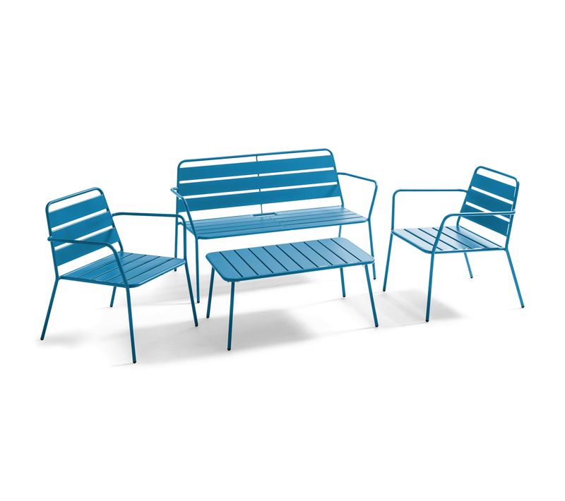 Salon De Jardin 4 Places Et 1 Table Basse En Acier Bleu Pacific Palavas