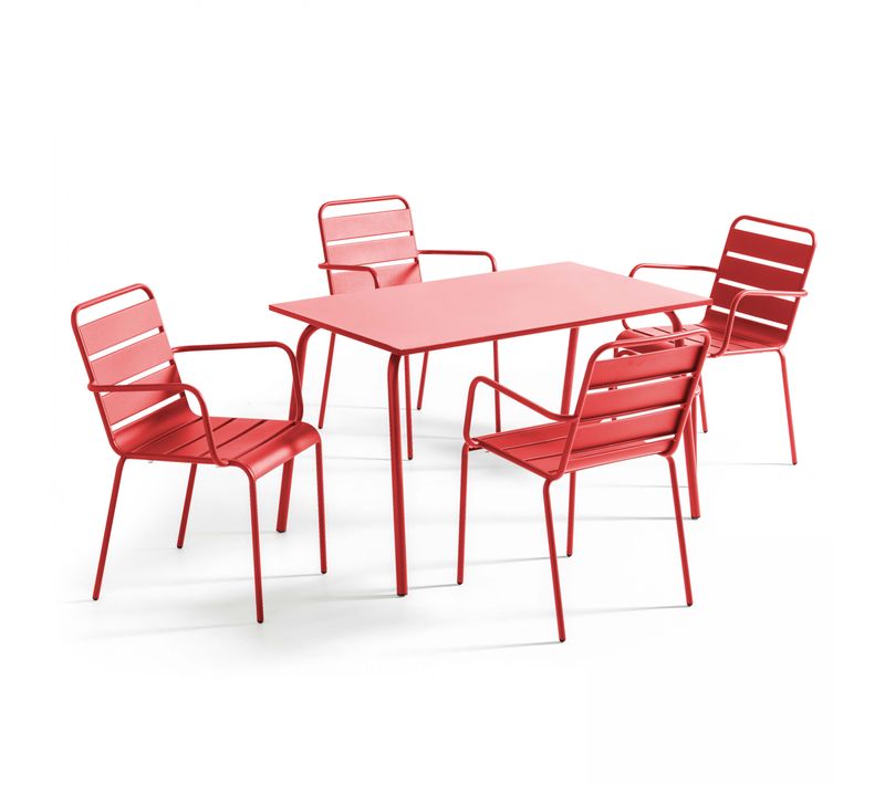 Ensemble Table De Jardin Et 4 Fauteuils En Métal Rouge Palavas