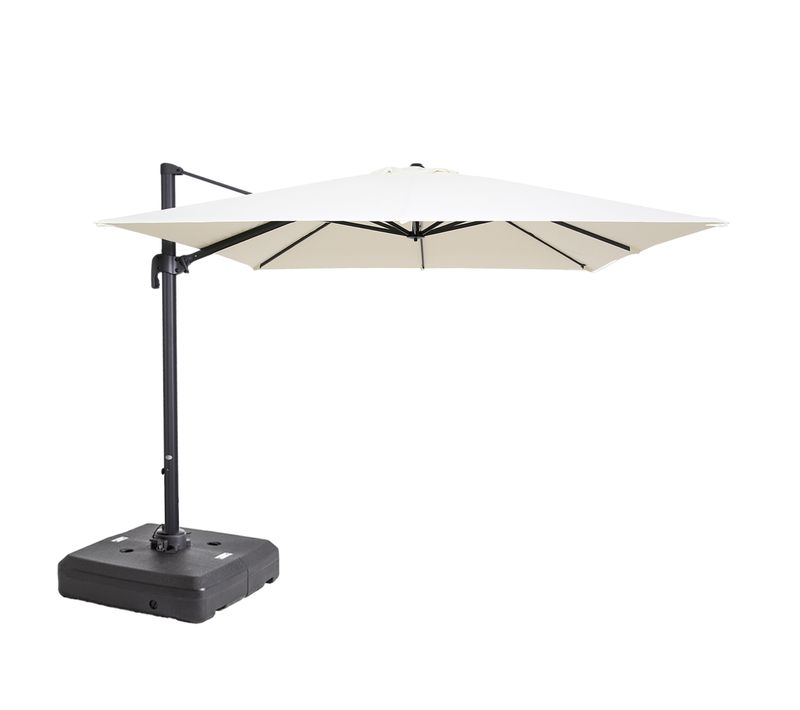 Parasol 3x3m 360° Inclinable + Pied à Lester 100l Sur Roues Blanc Malaga
